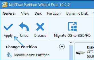 Объединить разделы в Minitool Partition Wizard