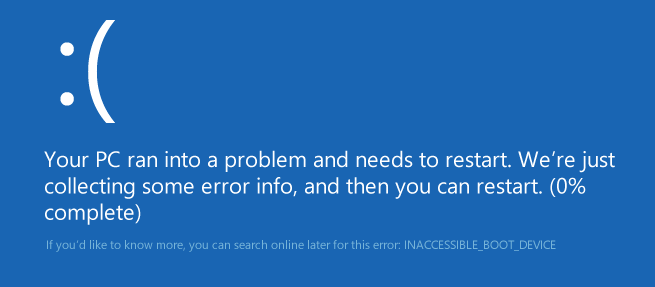 Ошибка Inaccessible_boot_device в Windows 10