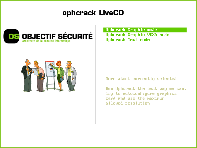 Главное меню Ophcrack LiveCD