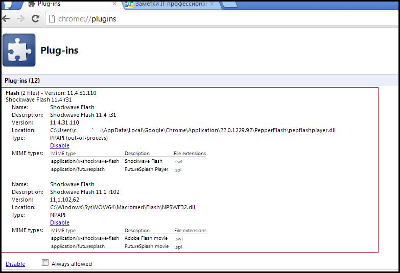 Chrome Plugins включить Adobe Flash Player
