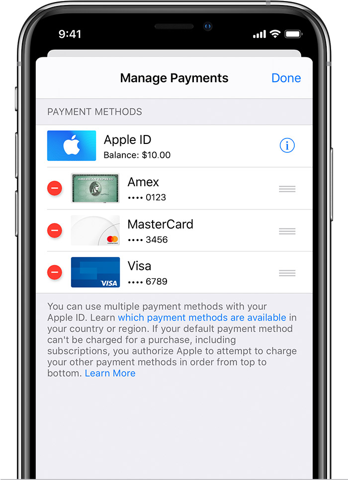 Экран «Управление платежами» с кнопкой «Удалить» рядом с кредитными картами на iPhone.