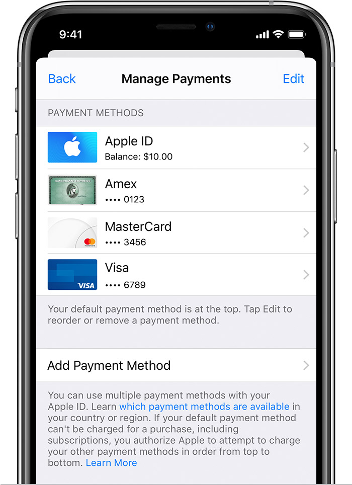 Экран «Управление платежами» с тремя картами на iPhone.