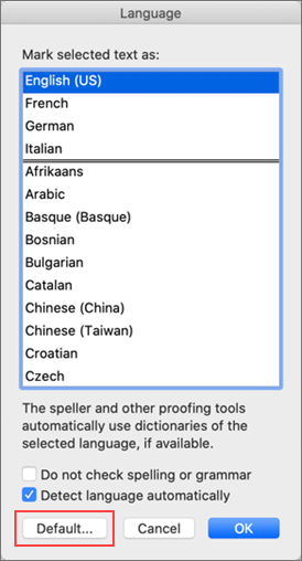 Язык по умолчанию в Office для Mac