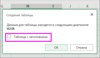 Диалоговое окно для преобразования диапазона данных в таблицу