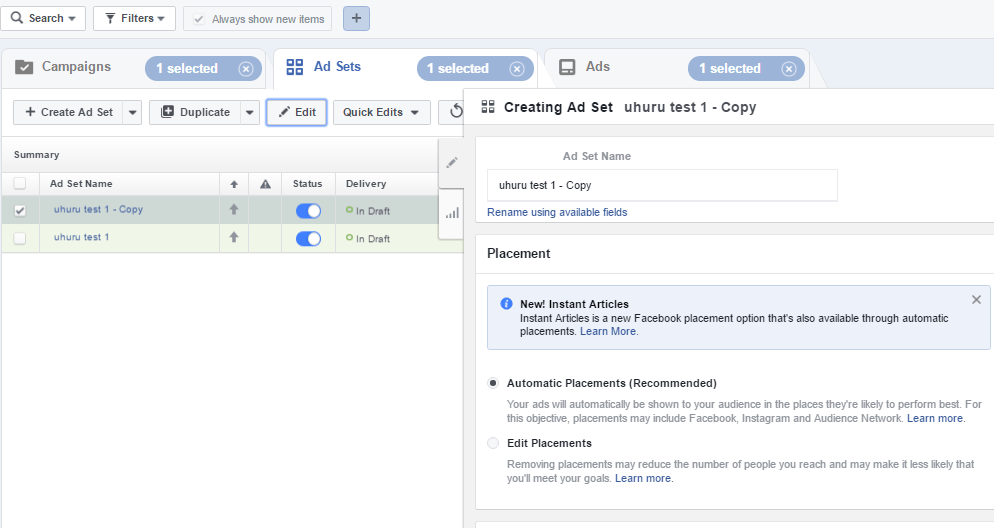 Editing campaigns and ad sets facebook power editor