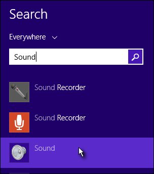 Поиск меню звука в Windows 8