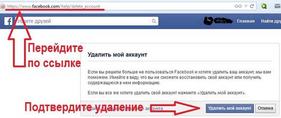 Кнопка удаление аккаунта Фейсбук