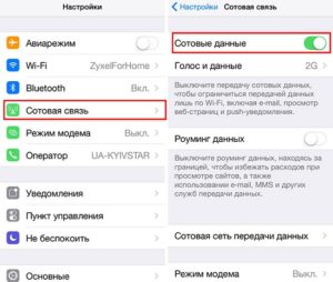Настройки-Сотовая связь-Сотовые данные