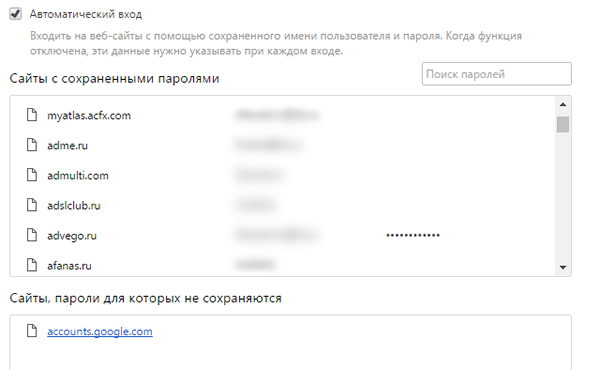 Пример списка сохраненных паролей в Google Chrome