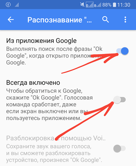 Используйте слайдер для отключения функции голосового поиска