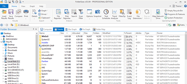 Окно с данными по файлам приложения FolderSize