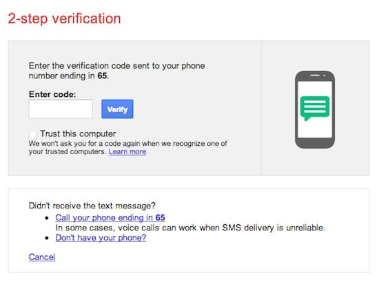 Окно ввода кода при двухэтапной авторизации