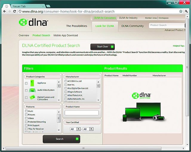 На веб-сайте организации DLNA доступен поиск оборудования