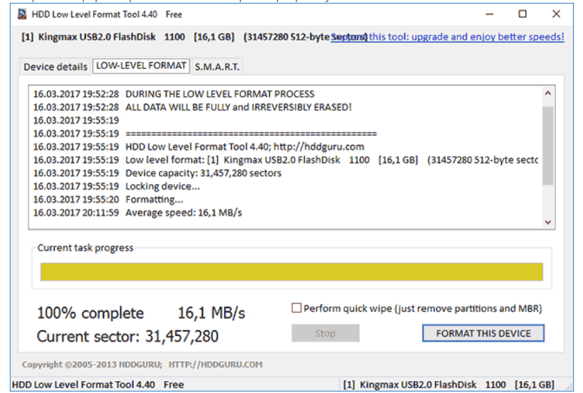 Завершение форматирования в HDD Low Level Format Tool