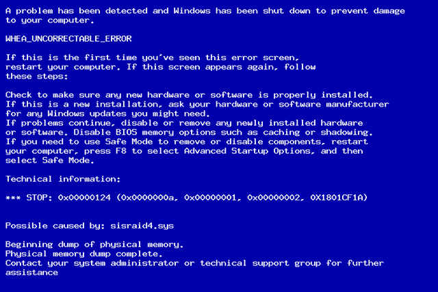 Фото ошибки синего экрана 0x00000124 Windows