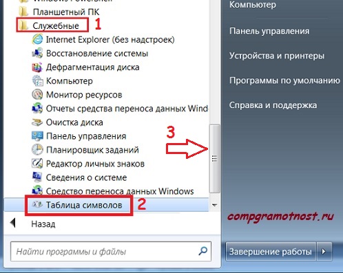 Таблица символов Windows 7 в Служебныз программах