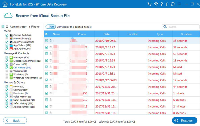 просмотр истории звонков в icloud