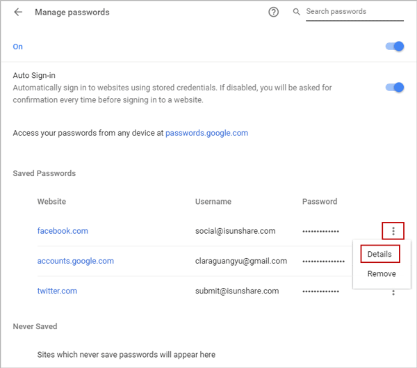 manage passwords in chrome settings