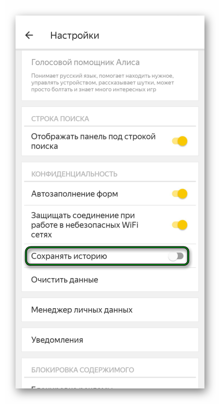 Опция Сохранять историю в мобильной версии Яндекс.Браузера