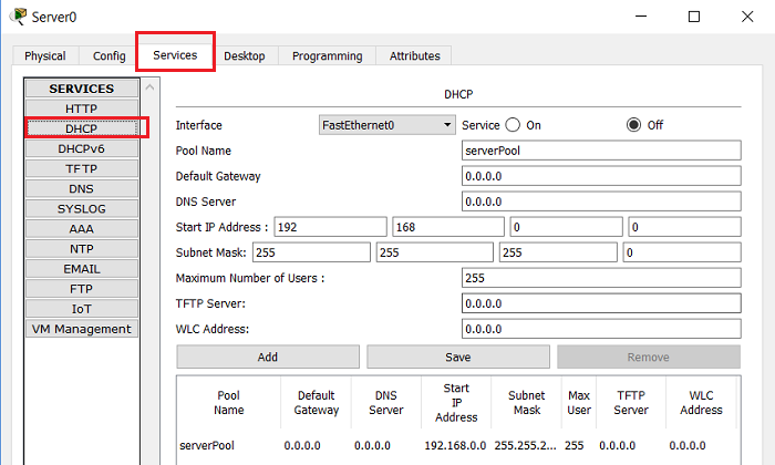 2.4 Настройки DHCP на сервере
